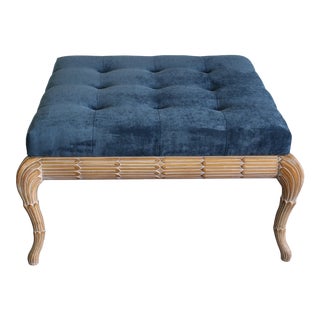 Mid Century Blue Velvet Ottoman For Sale