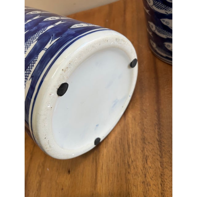 Late 20th Century Schaol Blue and White Ceramic Ginger Jars With Fish Design - Set of Two For Sale - Image 5 of 8