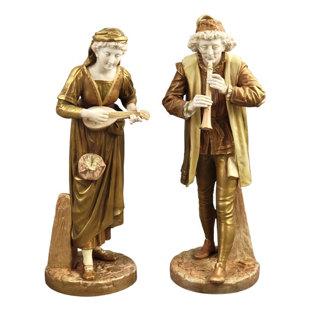 Shot-Enamel Porcelain Musicians from Royal Worcester, 1910s, Set of 2 For Sale