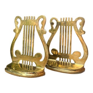 Vintage Polished Brass Musical Harp / Lyre Bookends - A Pair For Sale