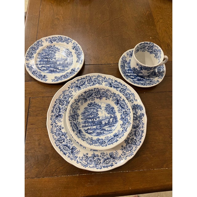 Farmhouse 1980s Vintage Blue Country Scene by Myott Meakin Staffordshire Set- 10 Pieces For Sale - Image 3 of 12