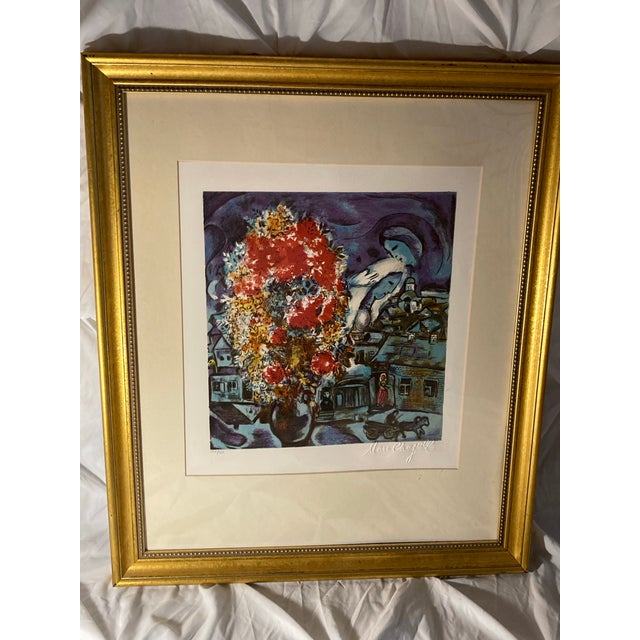 Marc Chagall Mid 20th Century Lithographic Technique Reproduction of an Original Work by Marc Chagall. Name: Le Bouquet Et Le Village Bleu Year: For Sale - Image 4 of 12