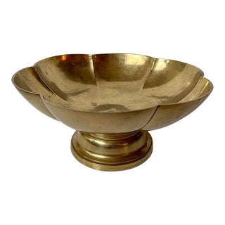 Vintage Indian Scalloped Brass Footed Pedestal Bowl or Centerpiece For Sale