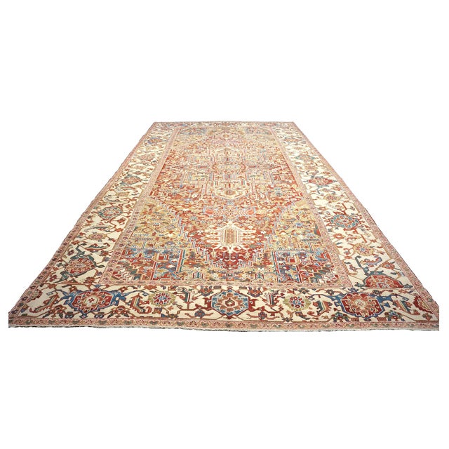 Antique Persian Heriz Wool 11X19 Rust, Ivory & Blue Handmade Area Rug #1140939