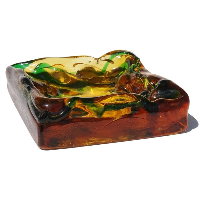 Beautiful vintage Murano hand blown Sommerso golden amber and green swirls Italian art glass catchall / personal ashtray....