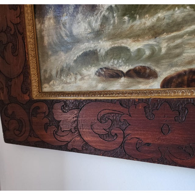 19th Century Dramatic Seascape Painting in Antique Arts & Crafts Pyrography Frame For Sale - Image 12 of 18