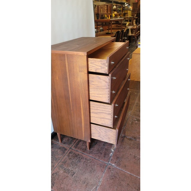Wood Mid-Century Walnut Tall 4 Drawer Dresser Chest For Sale - Image 7 of 9