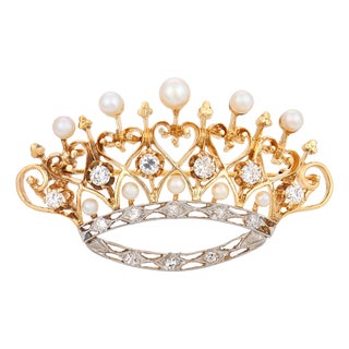 Mid 20th Century Retro Pearl Diamond 14k Yellow Gold Platinum Crown Brooch For Sale