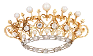 Mid 20th Century Retro Pearl Diamond 14k Yellow Gold Platinum Crown Brooch