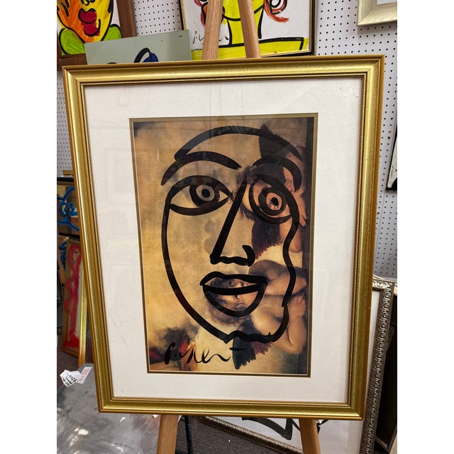 Fantastic original Painting by Peter Robert Keil (born 1942) This piece depicts a Cubist Face in black over a print of...