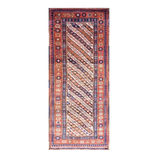 1890s Ivory Geometric Antique Caucasian Ganjeh Rug 3'6" X 8'4" Hand Knotted Wool Carpet For Sale