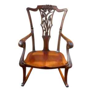 Early 20th Century Vintage Solid Wood Carved Cherry Rocker Chair