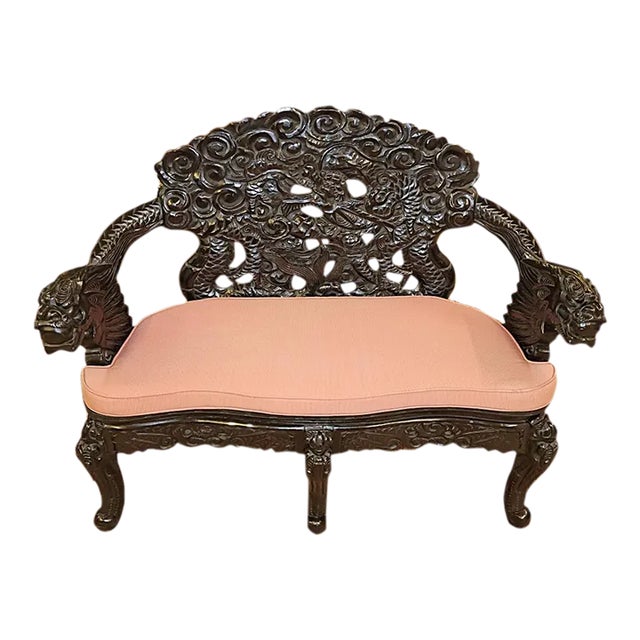 Early 20th Century Japanese Meiji Carved Teak Dragon Carved Bench Settee For Sale