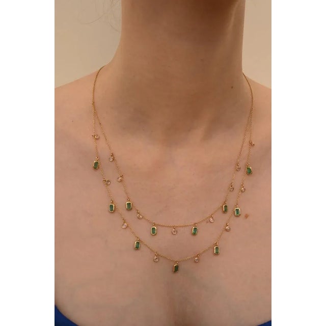 Not Yet Made - Made To Order 18k Solid Gold Emerald & Diamond Double Layered Charm Necklace for Women For Sale - Image 5 of 16