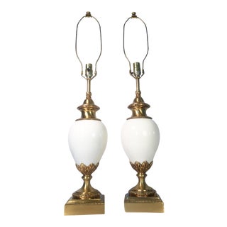 Mid Century Hollywood Regency Brass and Ceramic Stiffel Lamps-A Pair For Sale