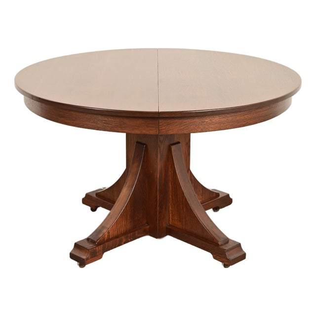 Stickley Brothers Antique Mission Oak Arts & Crafts Pedestal Extension Dining Table, Newly Refinished For Sale