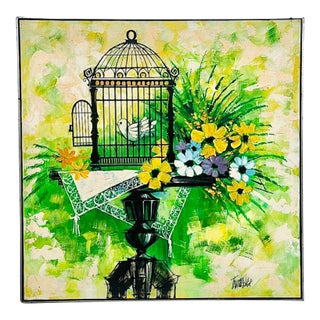 60s X Large Thimas Lee Mid Century Modern Birds and Vivid Floral Oil Painting Framed For Sale