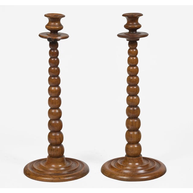 Victorian Pair Tall Bobbin Turned Walnut Candlesticks For Sale - Image 3 of 9