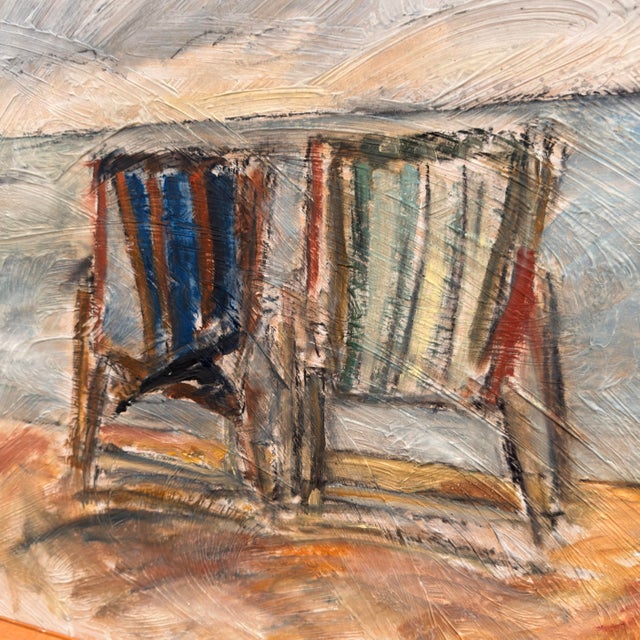 Mid-Century Modern 1990s Colorful Coastal Style Oil Painting With Two Striped Deck Chairs - Signed For Sale - Image 3 of 6