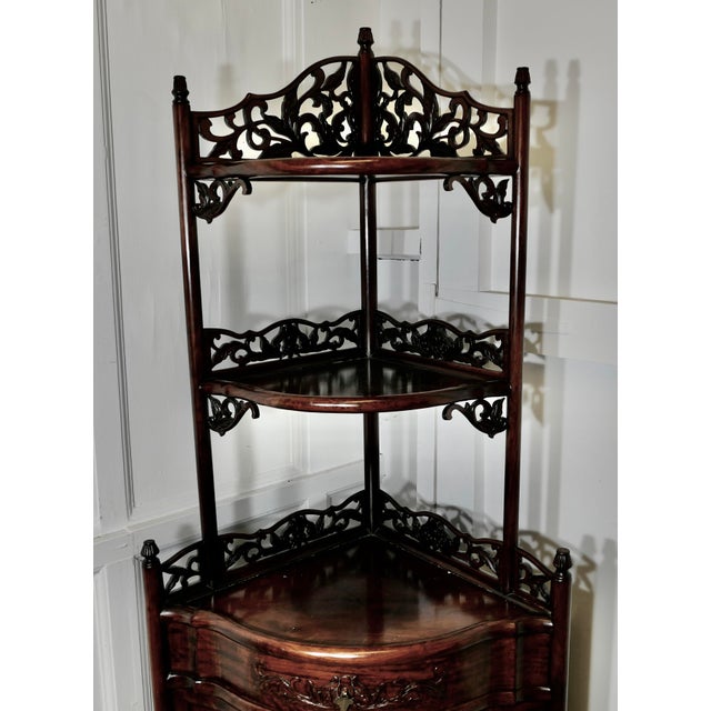Oriental Style Carved Corner Etagere with Cupboard and Drawer, 1970s For Sale - Image 3 of 9