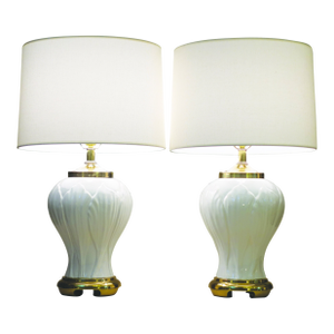 1970s Royal Haeger Hollywood Regency Modern Tulip Ginger Jar Porcelain Brass Table Lamps - a Pair