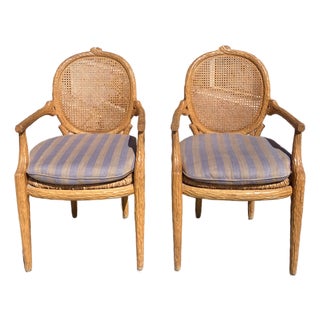 Faux Bois Arm Dining Chairs With Cain Backs and Rush Seats- A Pair For Sale