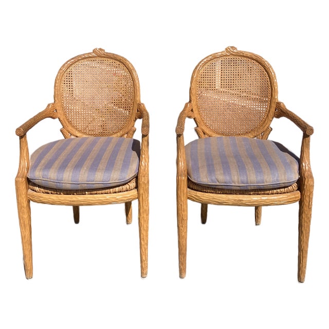 Faux Bois Arm Dining Chairs With Cain Backs and Rush Seats- A Pair For Sale