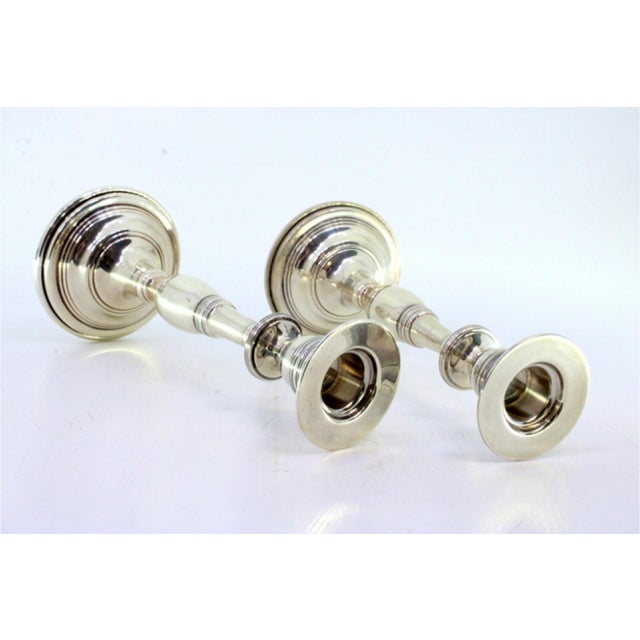 Metal Plain Silver Candlesticks with Friezes on the Circular Bases, Set of 2 For Sale - Image 7 of 8