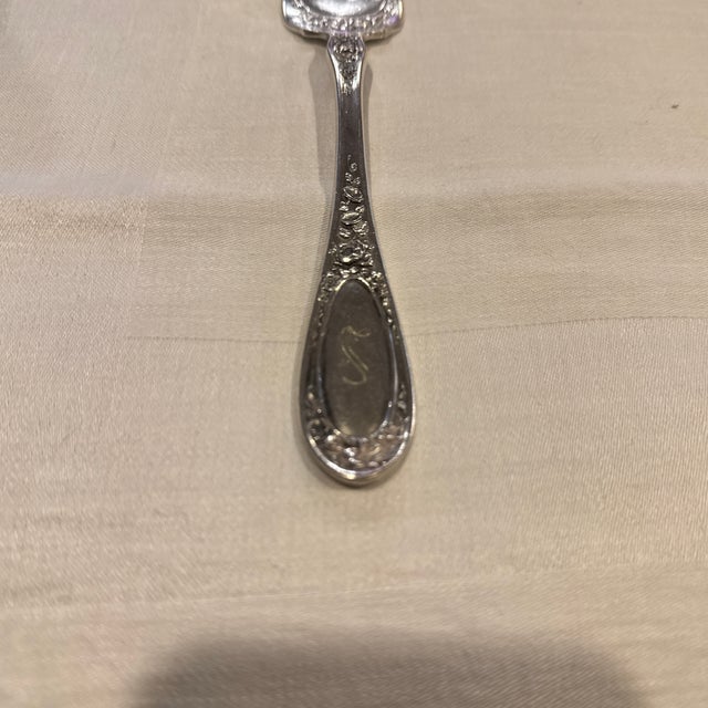 Antique Wallace “Blossom” Silver Plate Meat Fork. Monogram "S" on front handle. Circa 1090. 8.5" long. Excellent estate...