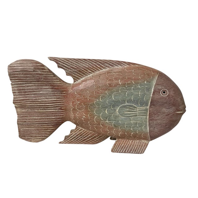 Wood Large Rustic Carved Wood Fish Sculpture, Tan & Teal , Coastal Décor, 18" X 10” For Sale - Image 7 of 7