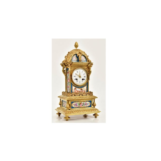 Antique Gilt Bronze Sèvres Porcelain Mantel Clock / Raingo Frères & Sèvres Paris For Sale - Image 4 of 11
