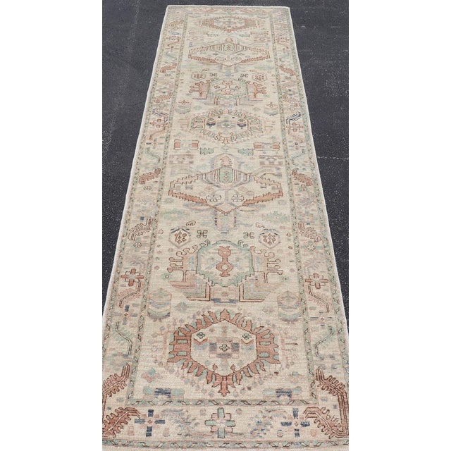 Tribal Afghanistan Heriz-Serapi Runner With Ivory Field and Soft Green Accents For Sale - Image 3 of 13