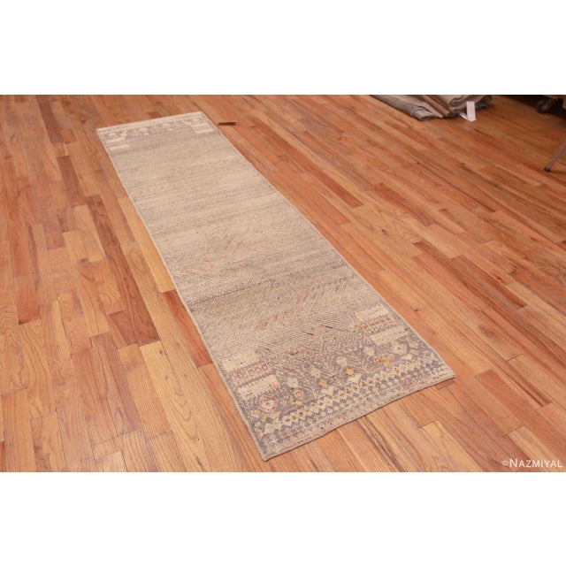 An Extremely Artistic Tribal Geometric Design Neutral Grey Color Modern Hallway Runner Rug, Country of Origin: Central...