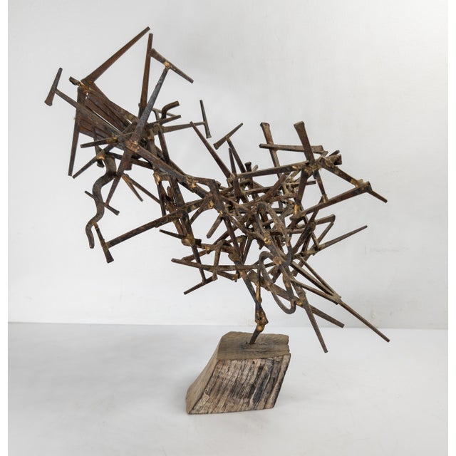 Mid-Century Modern Brutalist Abstract Nail Sculpture on Wood Base For Sale In New York - Image 6 of 12
