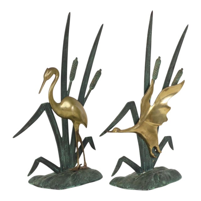 Mid-Century Heron and Duck Figurines in Brass and Green Metal, 1950s, Set of 2 For Sale - Image 4 of 14