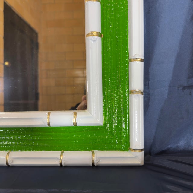 Vintage Palm Beach Regency Coastal Faux Bamboo Wall Mirror - Green and White With Gold Accents - Newly Painted For Sale - Image 6 of 7