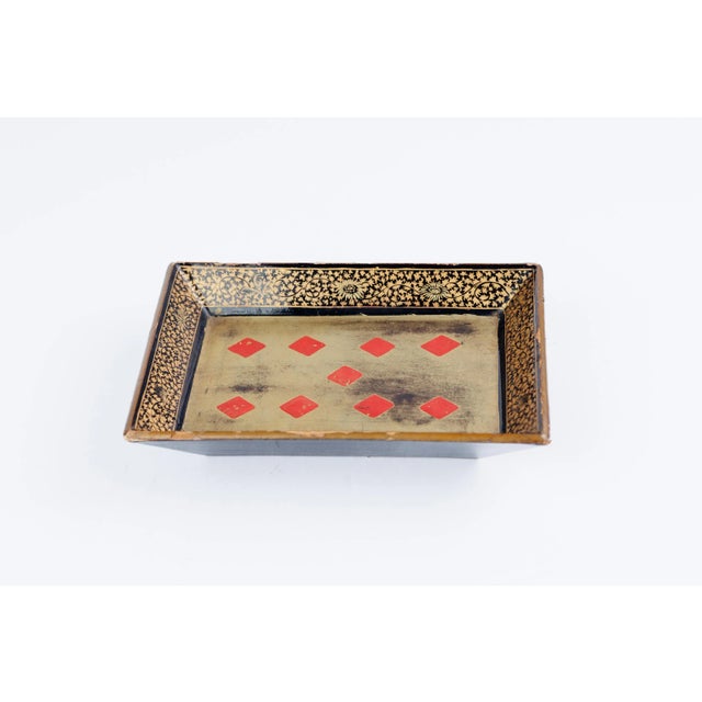 Antique English Papier Mache Rectangular Tray in Black With Gold and Red Diamond Decor For Sale - Image 4 of 5