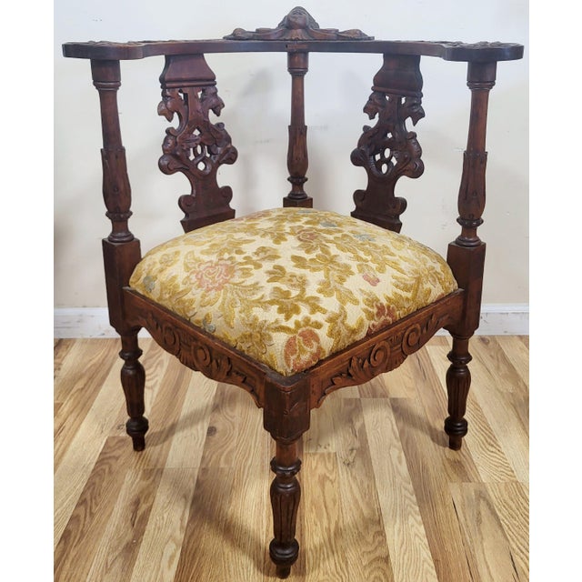 Pair Antique Italian Renaissance Angel & Griffon Carved Walnut Corner Chairs For Sale - Image 12 of 16