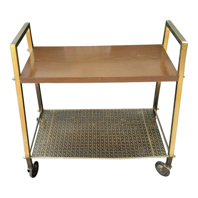 Mid-Century Brass and Formica Rolling Cart For Sale