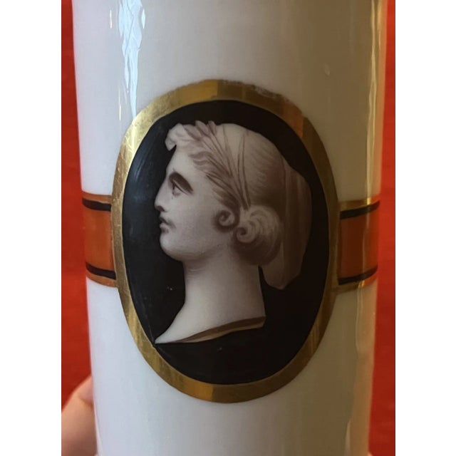 Antique 19th century old Paris porcelain cylinder mantel vase with portrait cameo of a classical lady. Wonderful color...