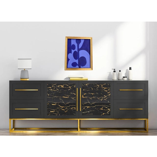 Bryan Boomershine original abstract Mid-Century Inspired Painting in blues In a gold wood frame. This painting will a...