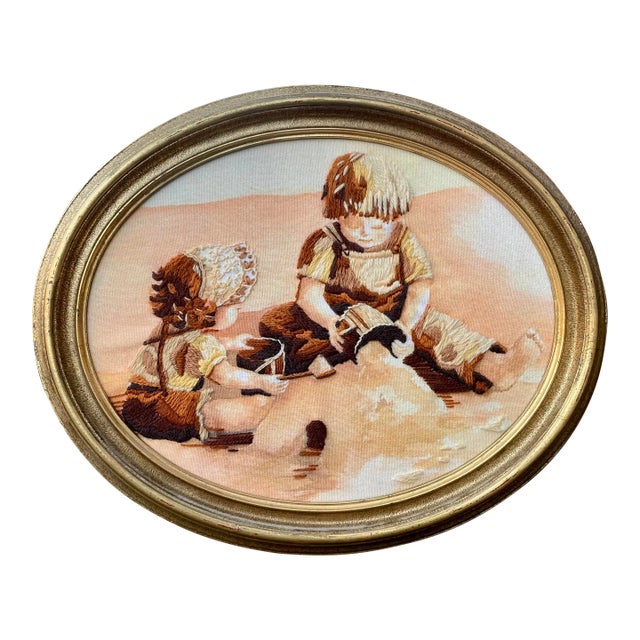Vintage Framed Needlework Textile Portrait of Children on a Beach For Sale