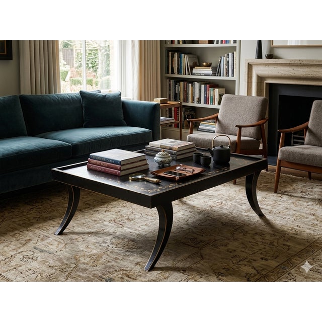 Wood Vintage Black Slayed Legs Rectangular Low Coffee Table For Sale - Image 7 of 13