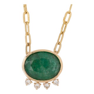 4.9ct Emerald and Diamond Pendant Necklace: Solid 14k Gold With Attached Chain For Sale