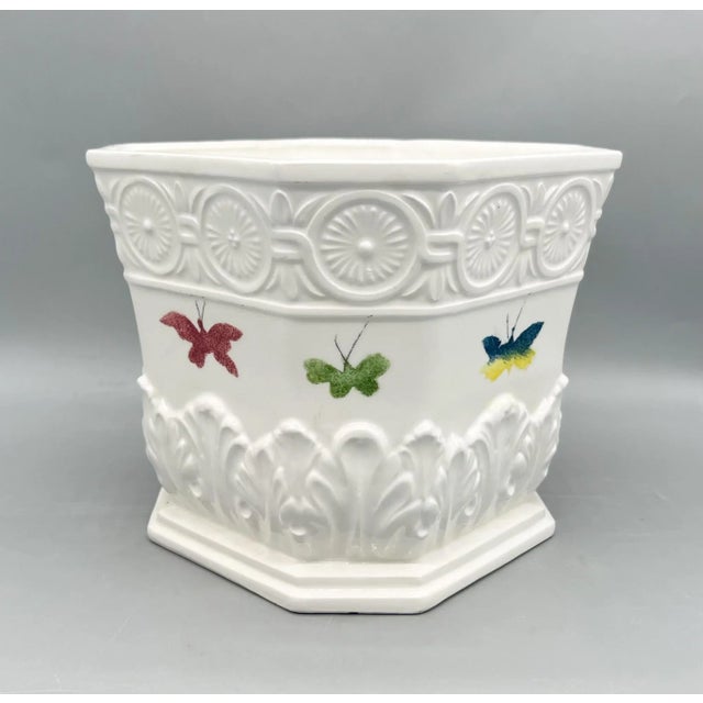 Ceramic Vintage Italian White Ceramic Cachepot With Colorful Butterflies — Neoclassical / Hollywood Regency For Sale - Image 7 of 16