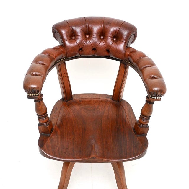 Late 19th Century Antique Victorian Oak and Leather Swivel Desk Chair attributed to James Shoolbred, 1880 For Sale - Image 5 of 9