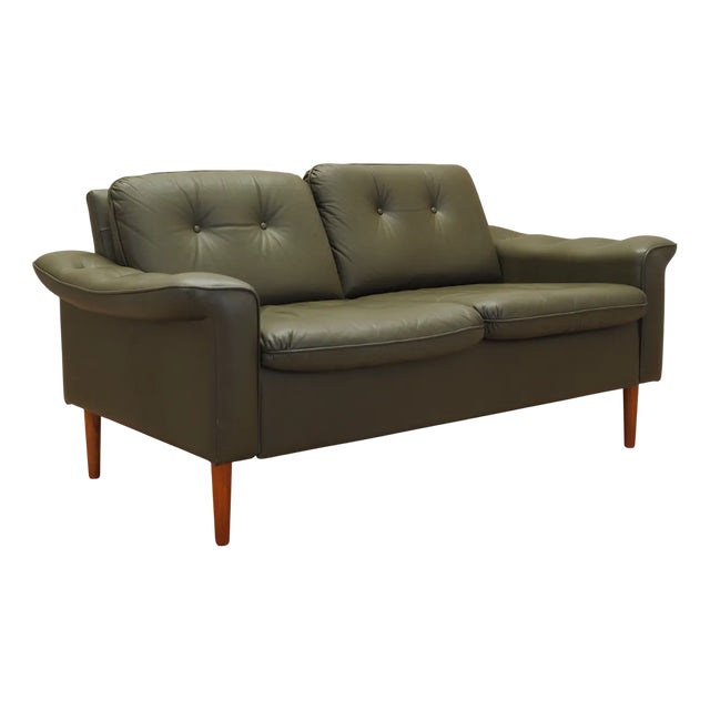 Vintage Danish Green Leather Sofa, 1970s For Sale