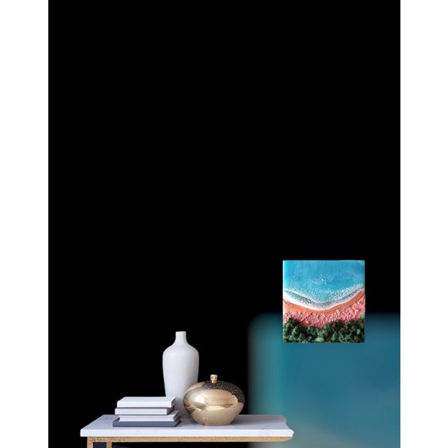 Contemporary Here on the Beach #7 by Ana Hefco | Mixed Media on Wood Beach scene with waves and greenery. For Sale - Image 3 of 3