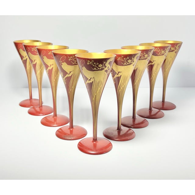 Japanese 1960s Red Gold Urushi Lacquer Onagadori Rooster Sake Cocktail Glasses - Set of 9 For Sale - Image 3 of 12