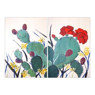 Prickly Pear Cactus, Illustration Style Diptych, Desert Landscape, Large Diptych, Original Painting on Watercolor Paper by Romina Milano For Sale
